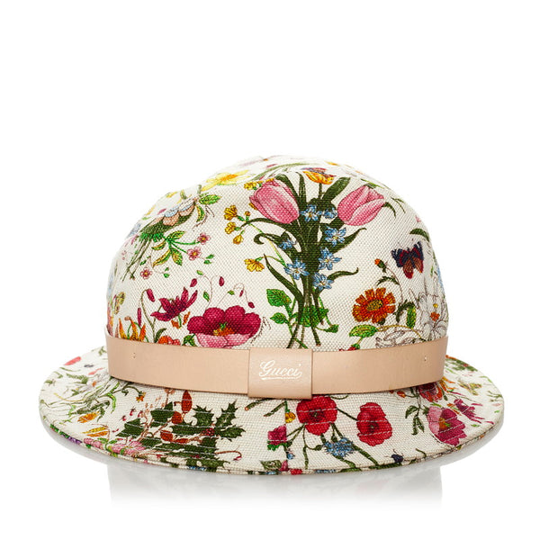 グッチ フローラ バケットハット マルチカラー コットンリネン レザー レディース GUCCI 【中古】