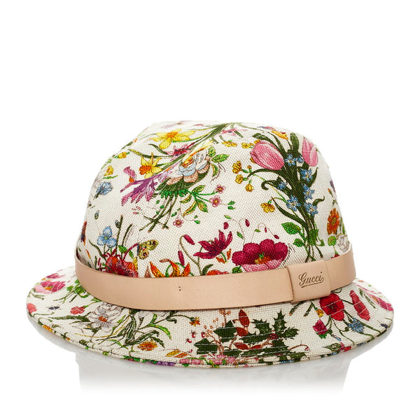 グッチ フローラ バケットハット マルチカラー コットンリネン レザー レディース GUCCI 【中古】