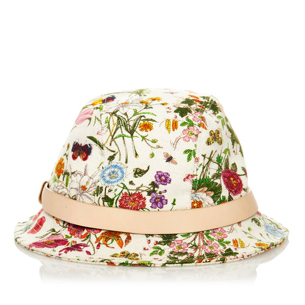 グッチ フローラ バケットハット マルチカラー コットンリネン レザー レディース GUCCI 【中古】