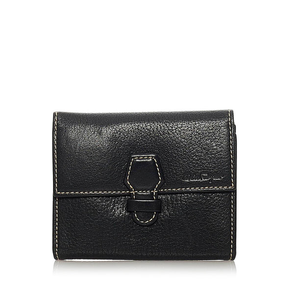 サルヴァトーレフェラガモ 二つ折り財布 KD 66 8599 ブラック レザー レディース Salvatore Ferragamo 【中古】