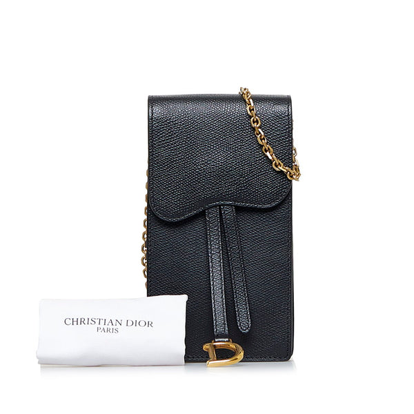ディオール サドル バーティカルレザーポーチ チェーン ショルダーバッグ ブラック ゴールド レザー レディース Dior 【中古】