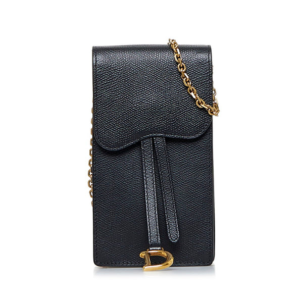 ディオール サドル バーティカルレザーポーチ チェーン ショルダーバッグ ブラック ゴールド レザー レディース Dior 【中古】
