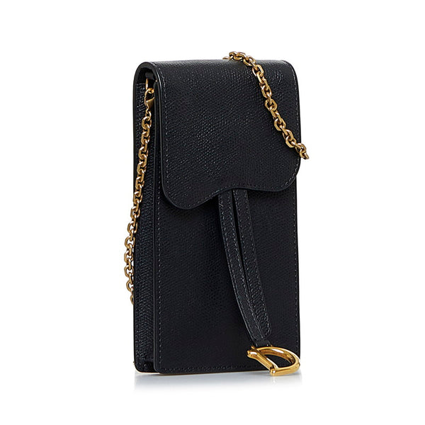 ディオール サドル バーティカルレザーポーチ チェーン ショルダーバッグ ブラック ゴールド レザー レディース Dior 【中古】