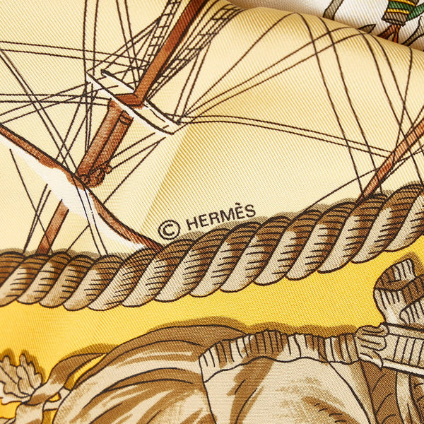 エルメス カレ90 MARINE ET CAVALERIE 海と騎兵隊 スカーフ オレンジ ブラウン マルチカラー シルク レディース HERMES 【中古】