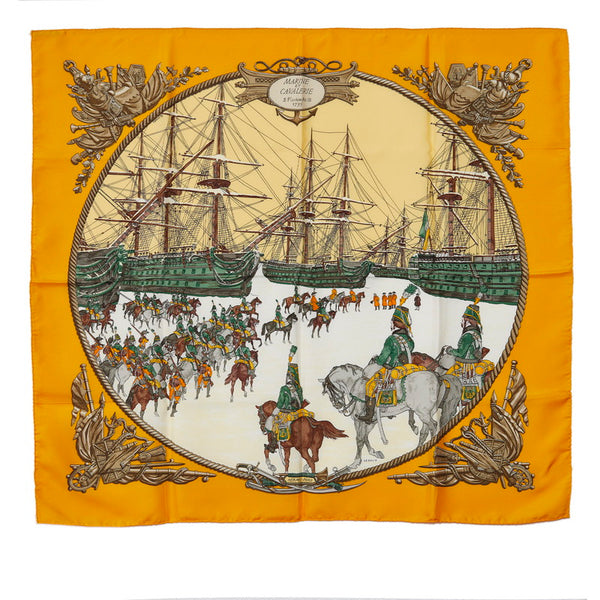 エルメス カレ90 MARINE ET CAVALERIE 海と騎兵隊 スカーフ オレンジ ブラウン マルチカラー シルク レディース HERMES 【中古】
