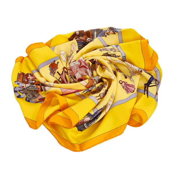 エルメス カレ90 Hello Dolly ドール 人形柄 スカーフ イエロー ブラウン マルチカラー シルク レディース HERMES 【中古】