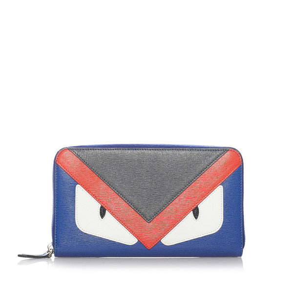 フェンディ モンスター ラウンドファスナー 長財布 ブルー レッド グレー レザー メンズ FENDI 【中古】