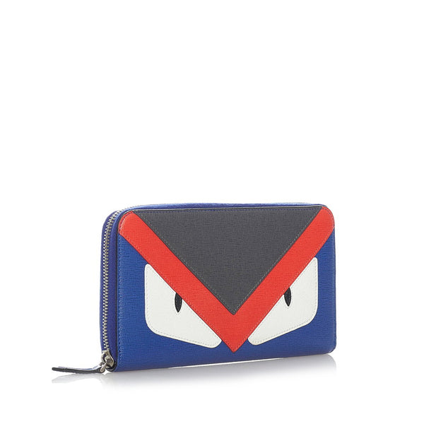 フェンディ モンスター ラウンドファスナー 長財布 ブルー レッド グレー レザー メンズ FENDI 【中古】