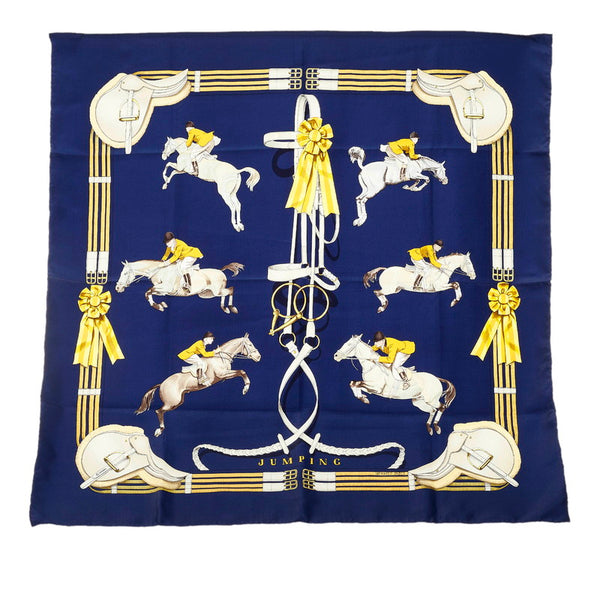 エルメス カレ90 JUMPING スカーフ ネイビー マルチカラー シルク レディース HERMES 【中古】