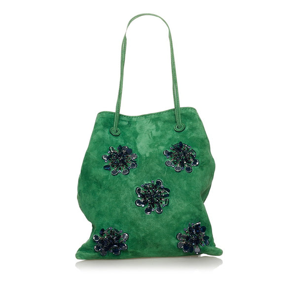 ミュウミュウ スパンコール ラインストーン ハンドバッグ RP0406 グリーン ブルー スウェード レディース MIUMIU 【中古】