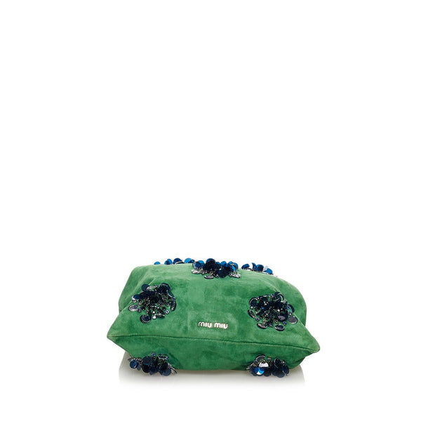 ミュウミュウ スパンコール ラインストーン ハンドバッグ RP0406 グリーン ブルー スウェード レディース MIUMIU 【中古】