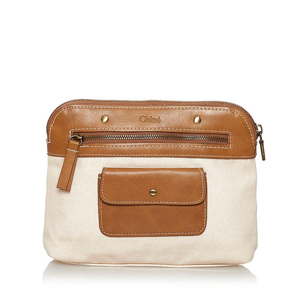 クロエ ポーチ オフホワイト ブラウン キャンバス レザー レディース Chloe 【中古】
