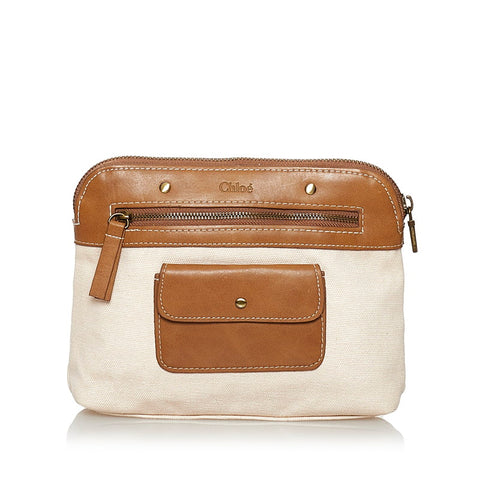 クロエ ポーチ オフホワイト ブラウン キャンバス レザー レディース Chloe 【中古】