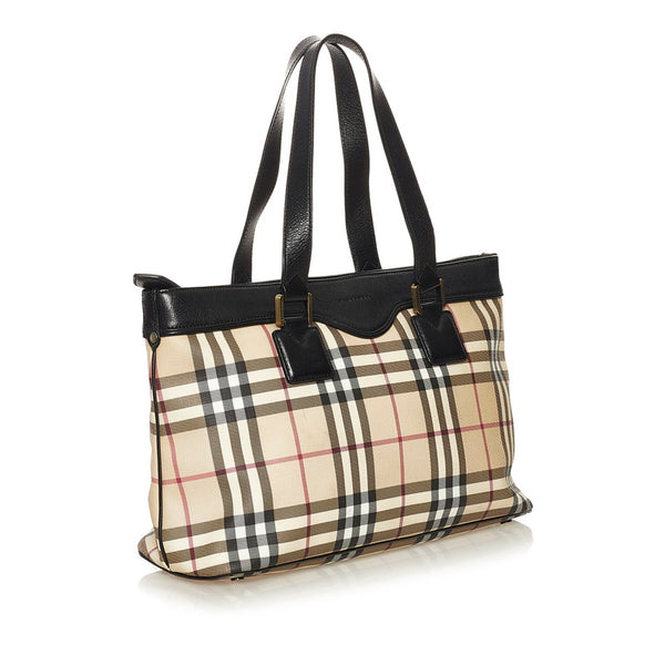 バーバリー ノバチェック トートバッグ ベージュ ブラック PVC レザー レディース BURBERRY 【中古】