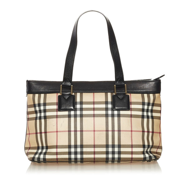 バーバリー ノバチェック トートバッグ ベージュ ブラック PVC レザー レディース BURBERRY 【中古】