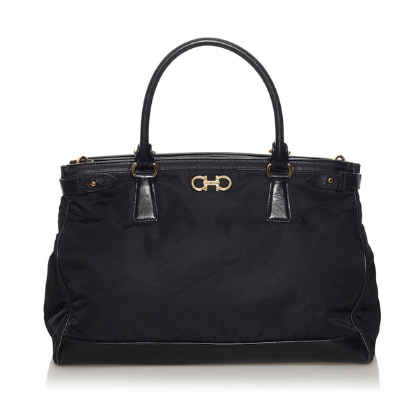 サルヴァトーレフェラガモ ガンチーニ ハンドバッグ GG-21 E164 ブラック ナイロン レザー レディース Salvatore Ferragamo 【中古】