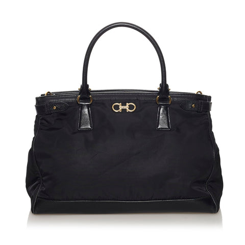 サルヴァトーレフェラガモ ガンチーニ ハンドバッグ GG-21 E164 ブラック ナイロン レザー レディース Salvatore Ferragamo 【中古】