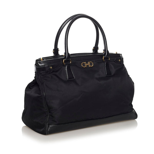 サルヴァトーレフェラガモ ガンチーニ ハンドバッグ GG-21 E164 ブラック ナイロン レザー レディース Salvatore Ferragamo 【中古】