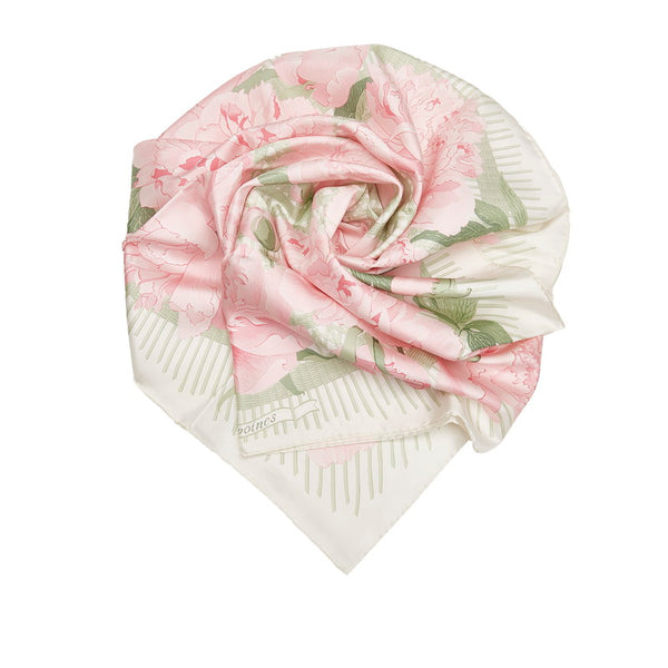 エルメス カレ90 Les pivoines 芍薬 スカーフ ピンク ホワイト グリーン シルク レディース HERMES 【中古】