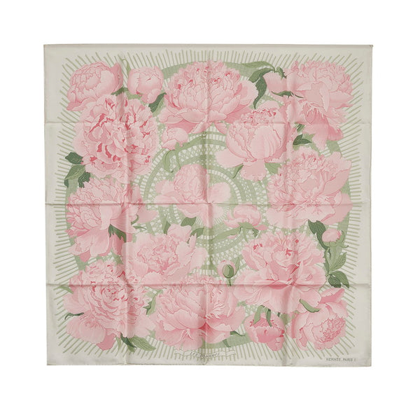 エルメス カレ90 Les pivoines 芍薬 スカーフ ピンク ホワイト グリーン シルク レディース HERMES 【中古】