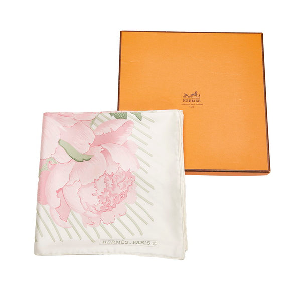エルメス カレ90 Les pivoines 芍薬 スカーフ ピンク ホワイト グリーン シルク レディース HERMES 【中古】