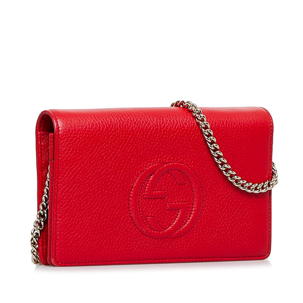 グッチ インターロッキングG ソーホー チェーンウォレット ショルダーバッグ 2WAY  407041 レッド レザー レディース GUCCI 【中古】