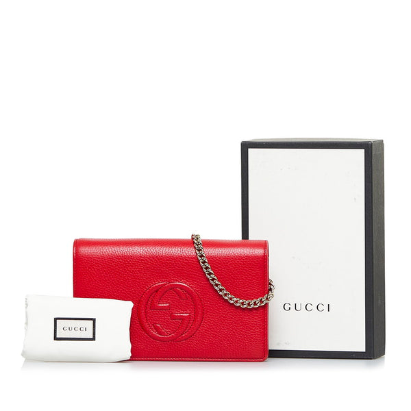 グッチ インターロッキングG ソーホー チェーンウォレット ショルダーバッグ 2WAY  407041 レッド レザー レディース GUCCI 【中古】