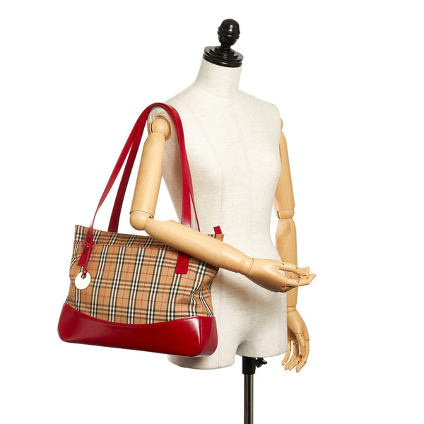 バーバリー ノバチェック トートバッグ ベージュ レッド キャンバス レザー レディース BURBERRY 【中古】
