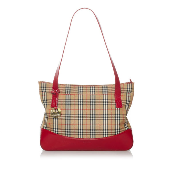 バーバリー ノバチェック トートバッグ ベージュ レッド キャンバス レザー レディース BURBERRY 【中古】