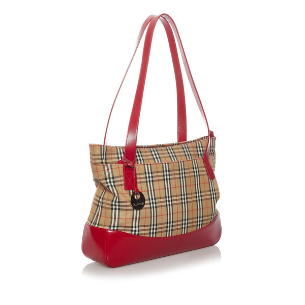 バーバリー ノバチェック トートバッグ ベージュ レッド キャンバス レザー レディース BURBERRY 【中古】
