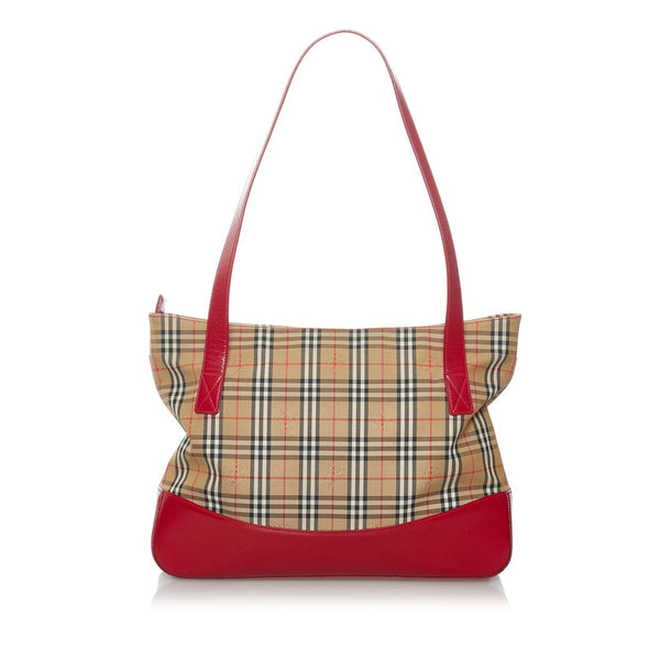 バーバリー ノバチェック トートバッグ ベージュ レッド キャンバス レザー レディース BURBERRY 【中古】