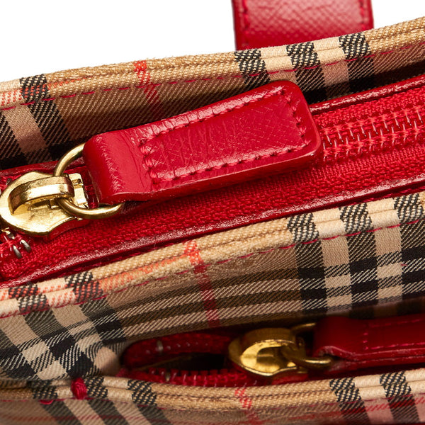バーバリー ノバチェック トートバッグ ベージュ レッド キャンバス レザー レディース BURBERRY 【中古】