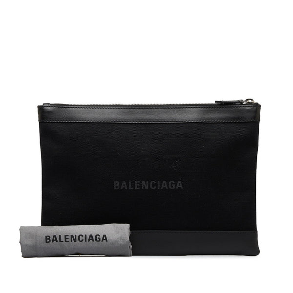 バレンシアガ ネイビークリップM ロゴ クラッチバッグ セカンドバッグ 373834 ブラック キャンバス レザー レディース BALENCIAGA 【中古】