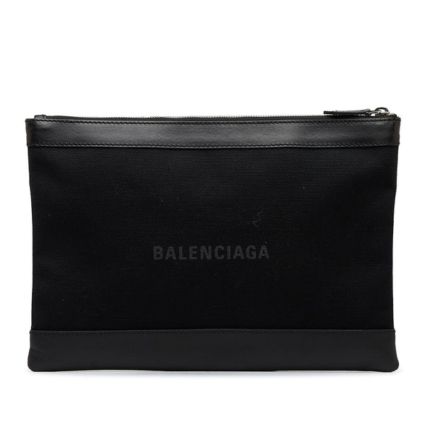 バレンシアガ ネイビークリップM ロゴ クラッチバッグ セカンドバッグ 373834 ブラック キャンバス レザー レディース BALENCIAGA 【中古】