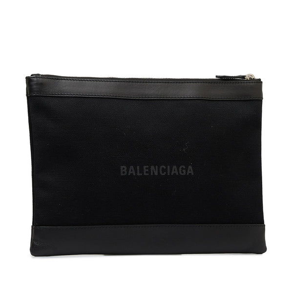 バレンシアガ ネイビークリップM ロゴ クラッチバッグ セカンドバッグ 373834 ブラック キャンバス レザー レディース BALENCIAGA 【中古】