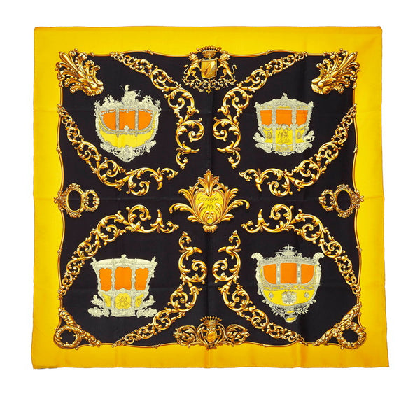 エルメス カレ90 Carrosses d'Or 金の馬車 スカーフ ブラック ゴールド シルク レディース HERMES 【中古】