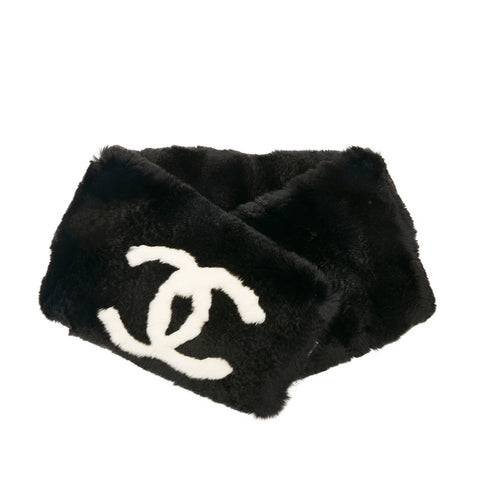 シャネル ココマーク マフラー ブラック ホワイト ラビットファー レディース CHANEL 【中古】