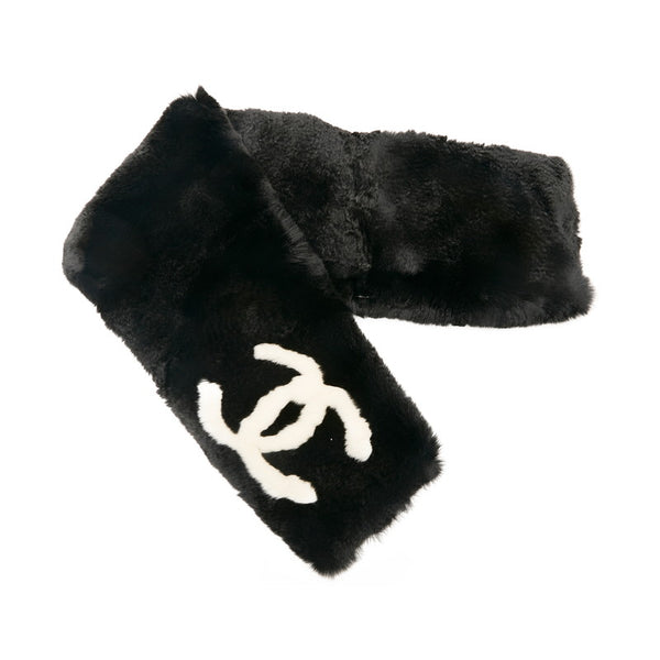 シャネル ココマーク マフラー ブラック ホワイト ラビットファー レディース CHANEL 【中古】