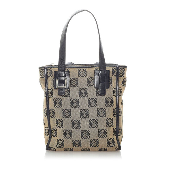 ロエベ リピートアナグラム ハンドバッグ ベージュ ブラック キャンバス レザー レディース LOEWE 【中古】