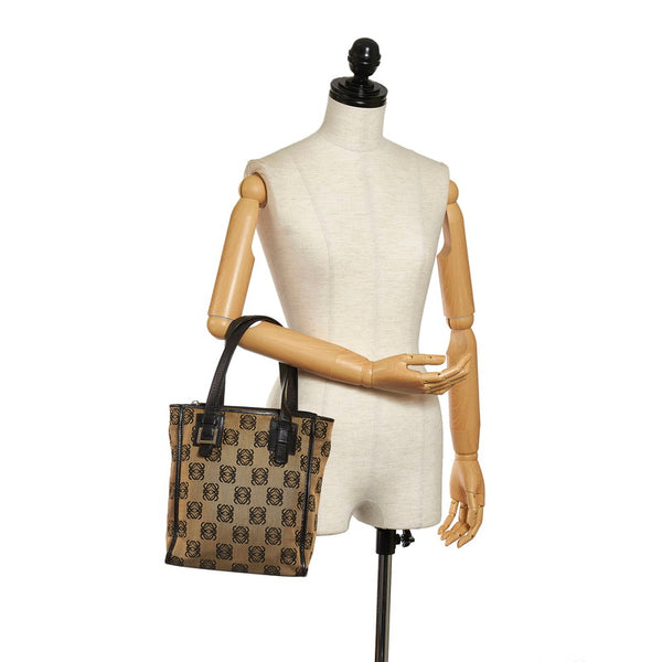 ロエベ リピートアナグラム ハンドバッグ ベージュ ブラック キャンバス レザー レディース LOEWE 【中古】