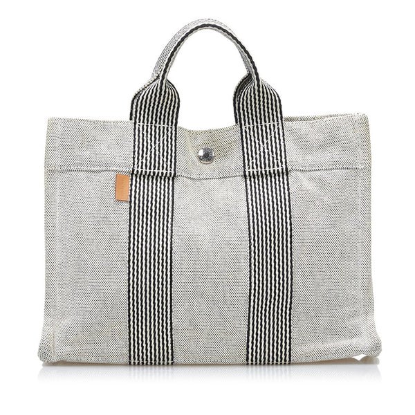 エルメス ニューフールトゥPM ハンドバッグ ホワイト ブラック キャンバス レディース HERMES 【中古】