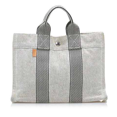 エルメス ニューフールトゥPM ハンドバッグ ホワイト ブラック キャンバス レディース HERMES 【中古】