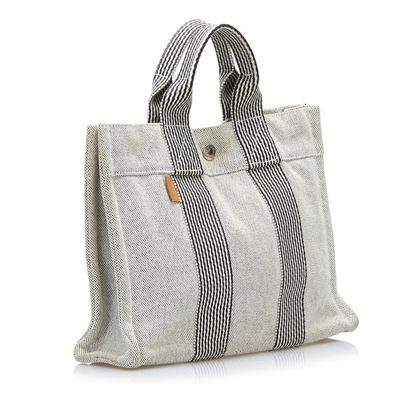 エルメス ニューフールトゥPM ハンドバッグ ホワイト ブラック キャンバス レディース HERMES 【中古】