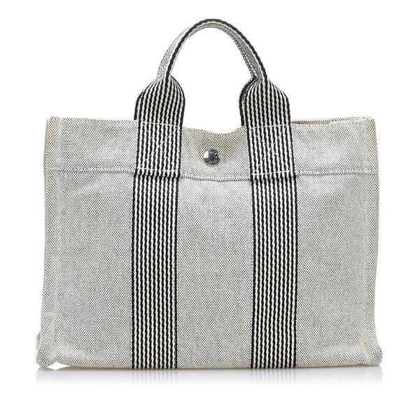 エルメス ニューフールトゥPM ハンドバッグ ホワイト ブラック キャンバス レディース HERMES 【中古】