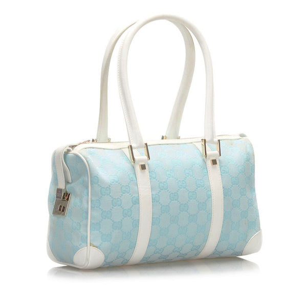 グッチ GGキャンバス ミニボストンバッグ ハンドバッグ 000 0851 ライトブルー ホワイト キャンバス レザー レディース GUCCI 【中古】