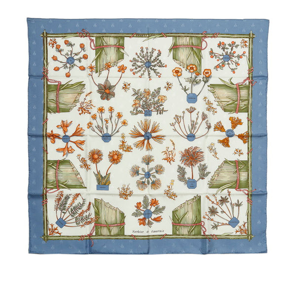エルメス カレ90 Herbier de Gavarnie ガヴァルニー圏谷の押し花 スカーフ ライトブルー マルチカラー シルク レディース HERMES 【中古】