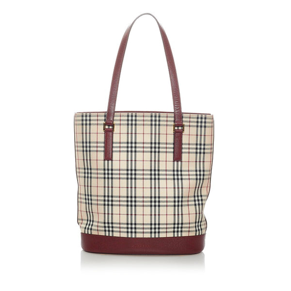 バーバリー ノバチェック トートバッグ ベージュ ボルドー ワインレッド キャンバス レザー レディース BURBERRY 【中古】