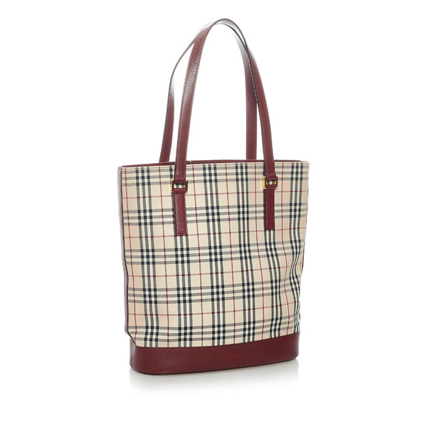 バーバリー ノバチェック トートバッグ ベージュ ボルドー ワインレッド キャンバス レザー レディース BURBERRY 【中古】
