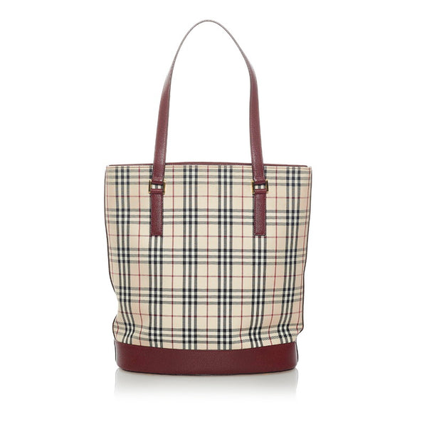 バーバリー ノバチェック トートバッグ ベージュ ボルドー ワインレッド キャンバス レザー レディース BURBERRY 【中古】