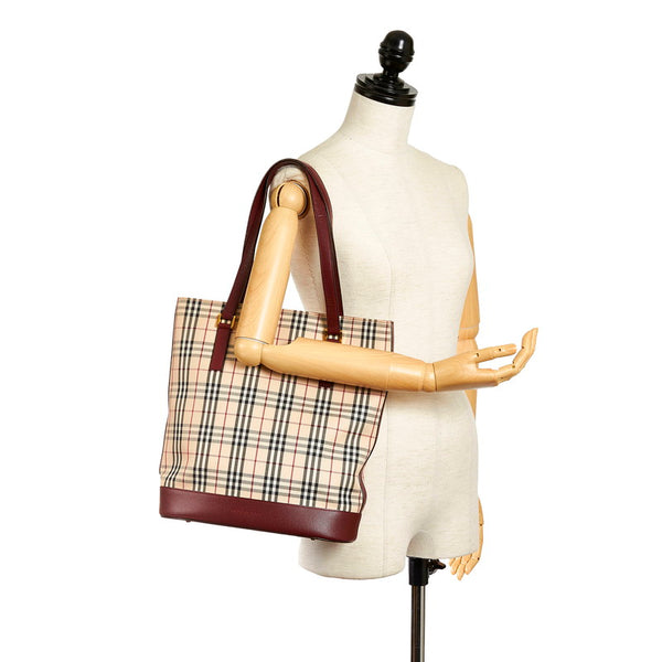 バーバリー ノバチェック トートバッグ ベージュ ボルドー ワインレッド キャンバス レザー レディース BURBERRY 【中古】
